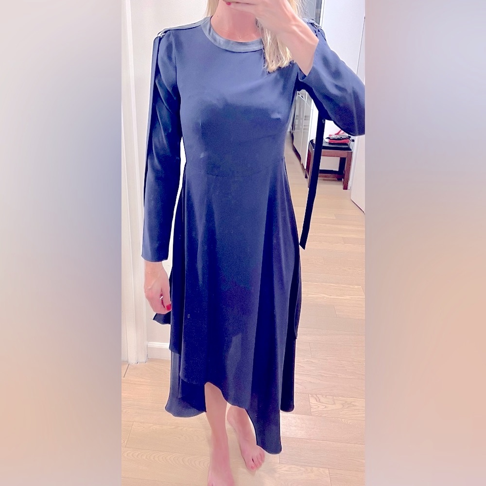 BCBG navy blue midi dress with leather trim